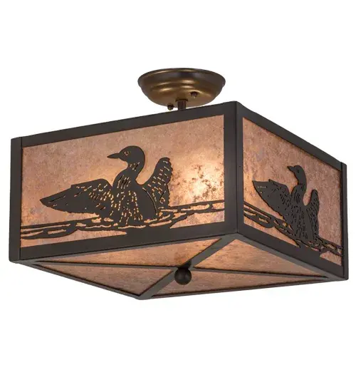 Listen to the melodious calls of the Loon echo across the mountain lake as this aquatic bird wades across the water. The Loon Flushmount projects beautiful ambient light from a stunning Silver Mica shade, which is complemented with a handsome geometric styled frame, decorative accents, and hardware in a Timeless Bronze finish. Custom sizes, styles, and colors are offered, as well as dimmable energy efficient lamping options such as LED. The 14-inch square flush mount is UL and cUL listed for dry and damp locations. Collection: Loon Finish: Timeless Bronze Glass: Silver Mica Width: 20.00" Height: 12.00" Length: 14.00" Weight: 7.50 lb Number of Bulbs: 3 Maximum Wattage: 60.00 W Bulb Type: A19 Bulb Base: E26 Material: Steel Country of Origin: USA Safety Listing: Damp Safety Rating: Damp - alternate view