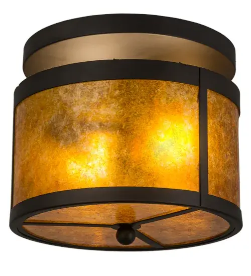 Inspired by the renowned Arts and Crafts movement in architectural design, this handsome ceiling fixture allows soft beautiful ambient light to gently evoke from stunning Amber Mica. The Oil Rubbed Bronze finished hardware and frame is an impressive complement to this shade. The fixture is handcrafted by Meyda artisans in our Upstate New York manufacturing facilities at the foothills of the glorious Adirondack Mountains. Custom styles, sizes and colors are available, as well as dimmable energy efficient lamping options. The fixture is UL and cUL listed. Collection: Smythe Craftsman Finish: Oil Rubbed Bronze Glass: Amber Mica Width: 11.50" Height: 10.00" Length: 11.50" Weight: 4.00 lb Number of Bulbs: 2 Maximum Wattage: 60.00 W Bulb Type: A19 Bulb Base: E26 Material: Steel Country of Origin: USA Safety Listing: Damp Safety Rating: Damp - alternate view