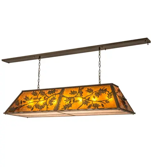 Rustic charm is revealed with this nature inspired lighting design as stunning Oak leaves flourish from branches that adorn the Amber Mica side panels and the Silver Mica bottom diffuser. The shade is complemented with accents and hardware featured in an Antique Copper finish. The most powerful of all trees, the mighty Oak represents courage and strength. This oblong pendant is perfect for illuminating kitchen islands, counters, dining tables and other areas. The fixture is handcrafted in our facility at the foothills of the Adirondack Mountains in the US. Dimmable energy efficient lamping options, as well as custom sizes, styles and colors, are available. The fixture is UL and cUL listed. Collection: Oak Leaf & Acorn Finish: Antique Copper Glass: Amber Mica Width: 17.25" Height: 16.00" Length: 72.00" Weight: 43.00 lb Extension from Wall: 20.00" Number of Bulbs: 9 Maximum Wattage: 60.00 W Bulb Type: A19 Bulb Base: E26 Material: Steel Country of Origin: USA Safety Listing: Damp Safety Rating: Damp - alternate view