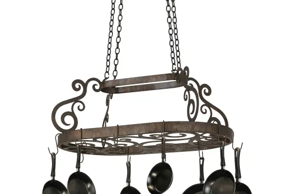 A transitional functional design, this elegant pot rack showcases scrollwork and hardware in a Delmonico Bronze finish. The frame is designed with hooks to display fine cookware and accessories for easy access to fine kitchens and other culinary spaces. The overall height of this pot rack ranges from 25 to 68.5 inches and the chain length can be easily adjusted in the field to accommodate your specific lighting application needs. Handcrafted by expert artisans in our 180,000 square foot manufacturing facility in Yorkville, NY, this oblong rack is available in custom sizes, styles, colors and with a broad range of lamping options including LED if illumination is desired. This 38-inch long fixture is UL and cUL listed for dry and damp locations. (Cookware not included) Collection: Neo Finish: Delmonico Bronze Glass: Chocolate,Beige,Black Metal Finish Width: 24.00" Height: 25.00" Length: 38.00" Weight: 37.50 lb Extension from Wall: 13.00" Bulb Type: A-19 Material: Steel Country of Origin: USA Safety Listing: Dry Safety Rating: Dry