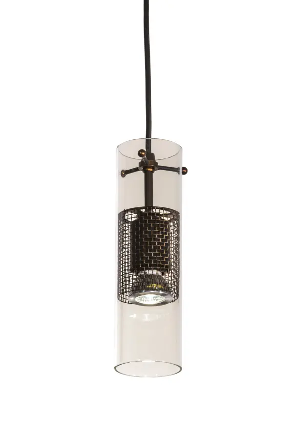 Discover a unique decorative look and industrial lighting design with the Cilindro Golpe Pendant. The Clear Glass cylindrical profile features a dramatic caged frame that reveals a customer-supplied Medium Base 5-watt MR16 LED lamp displayed from within. The pendant offers hardware; frame and grill featured in a Antique Lamp finish and is ideal for illuminating dining tables; islands and other residential and commercial spaces. Handcrafted by highly skilled artisans in the USA; this fixture is offered in a myriad of custom lamping options including LED; as well as sizes; designs and finishes. The fixture is UL and cUL listed for damp and dry locations.