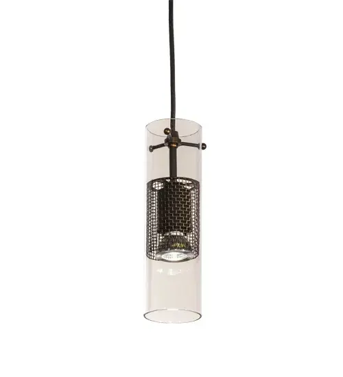 Discover a unique decorative look and industrial lighting design with the Cilindro Golpe Pendant. The Clear Glass cylindrical profile features a dramatic caged frame that reveals a customer-supplied Medium Base 5-watt MR16 LED lamp displayed from within. The pendant offers hardware; frame and grill featured in a Antique Lamp finish and is ideal for illuminating dining tables; islands and other residential and commercial spaces. Handcrafted by highly skilled artisans in the USA; this fixture is offered in a myriad of custom lamping options including LED; as well as sizes; designs and finishes. The fixture is UL and cUL listed for damp and dry locations. - alternate view