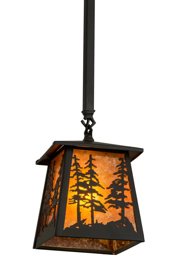 A stunning nature inspired design features Tall Pine trees towering in front of the brilliant late morning sun shining on the woodlands. The decorative accents and hardware are featured in a Wrought Iron finish and complement a stunning Amber Mica diffuser. This stunning pendant is handcrafted in the Meyda manufacturing facility at the foothills of the spectacular Adirondack Mountains. Custom styles, colors, sizes and dimmable energy-efficient lamping are available. The fixture is UL and cUL listed for damp and dry locations. Collection: Tall Pines Finish: Wrought Iron Glass: Amber Mica Width: 10.00" Height: 48.00" Length: 7.00" Weight: 7.50 lb Number of Bulbs: 1 Maximum Wattage: 60.00 W Bulb Type: A19 Bulb Base: E26 Material: Steel Country of Origin: USA Safety Listing: Damp Safety Rating: Damp
