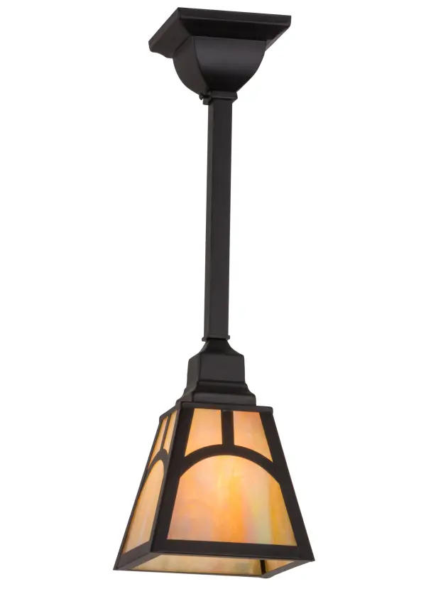 A clean look inspired by the Arts & Crafts movement; this Craftsman Signature pendant is custom crafted of Solid Brass. This abstract hilltop design is featured on Beige Iridescent art glass; which is enhanced by decorative accents and hardware finished in handsome Solar Black. Custom crafted by the hands of Meyda artisans in Yorkville; New York; this pendant is available in custom colors; styles and sizes available. Energy efficient lamping options are offered. This fixture is UL and cUL listed.