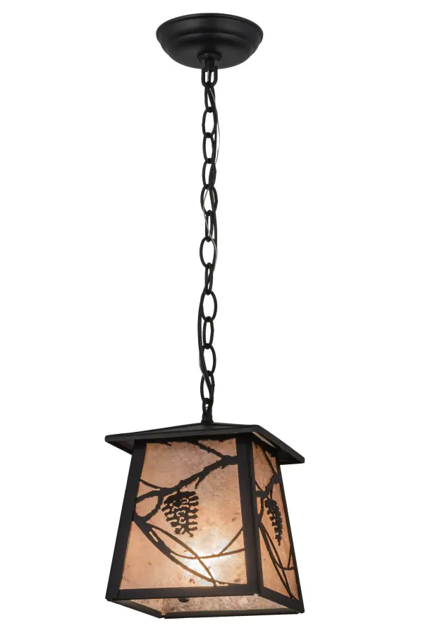 Listen closely. You can almost hear the soft whisper of the Pine Branches as they dance in the wind. Enjoy the ambiance of soft beautiful light diffused through a Silver Mica shade featuring stunning Pinecone and Pine Branch designs. The Whispering Pines Pendant is hand finished in bold Textured Black. Overall height ranges from 12.5 to 24 inches as the chain length can be easily adjusted in the field to accommodate your specific lighting needs. Handcrafted by highly skilled artisans in our 180,000 square manufacturing facility in Yorkville, New York. Shade colors, metal finishes and sizes can be customized. UL and cUL listed for dry and damp locations. Collection: Whispering Pines Finish: Textured Black Glass: Silver Mica Width: 10.00" Height: 13.00" Length: 7.00" Weight: 4.50 lb Number of Bulbs: 1 Maximum Wattage: 60.00 W Bulb Type: A15 Bulb Base: E26 Material: Steel Country of Origin: USA Safety Listing: Damp Safety Rating: Damp