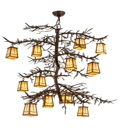 Invite the natural charm of the American woodlands into your camp, lodge, home or business with this chandelier.12 Beige Iridescent art glass lanterns offered in a stunning Arts & Crafts design, which adorn Pine Branch shaped arms accented with the pine needles of this unique nature inspired chandelier. This stunning elaborate fixture features hardware and decorative accents in a warm Care Noir finish. Handcrafted in our facility at the foothills of the Adirondack Mountains in the US, this chandelier is offered in custom sizes, designs and colors available, as well as dimmable, energy-efficient lamping options. UL and cUL listed for damp and dry locations. Collection: Pine Branch Finish: Cafe Noir Glass: Bai Width: 48.00" Height: 41.50" Length: 48.00" Weight: 38.00 lb Number of Bulbs: 12 Maximum Wattage: 60.00 W Bulb Type: JCD Bulb Base: G9 Light Source: Halogen Material: Steel Country of Origin: USA Safety Listing: Damp Safety Rating: Damp - alternate view