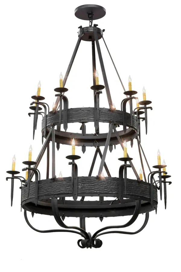 Hand hammered Metal Banded belts embellish two Costello Black Textured finished tiers of this breathtaking chandelier. 20 Amber faux candlelights; embraced by delicate bobeches; are attached to gracefully curved arms and provide decorative lighting in lobbies; ballrooms and large spaces in homes; hotels; retailers and other commercial locations. The frame; decorative accents and hardware are featured in a matching Costello Black Textured finish. Custom crafted in our 180;000 square foot manufacturing facility in Yorkville; New York; this fixture is available in a variety of energy efficient lamping options; as well as custom styles; colors and sizes. The chandelier is UL and cUL listed for damp and dry locations.