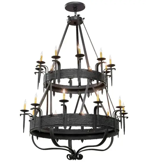Hand hammered Metal Banded belts embellish two Costello Black Textured finished tiers of this breathtaking chandelier. 20 Amber faux candlelights; embraced by delicate bobeches; are attached to gracefully curved arms and provide decorative lighting in lobbies; ballrooms and large spaces in homes; hotels; retailers and other commercial locations. The frame; decorative accents and hardware are featured in a matching Costello Black Textured finish. Custom crafted in our 180;000 square foot manufacturing facility in Yorkville; New York; this fixture is available in a variety of energy efficient lamping options; as well as custom styles; colors and sizes. The chandelier is UL and cUL listed for damp and dry locations. - alternate view