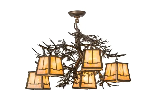 Invite the natural charm of the American woodlands into your home or commercial setting with this nature inspired chandelier; which features 5 Beige Iridescent art glass lanterns offered in a stunning Arts & Crafts design. Pine Branch shaped arms accented with pine needles adorn this stunning elaborate fixture; which features hardware and decorative accents in an Antique Copper finish. Handcrafted in our facility at the foothills of the Adirondack Mountains in the US; this chandelier is offered in custom sizes; designs and colors available; as well as dimmable; energy-efficient lamping options. UL and cUL listed for damp and dry locations.