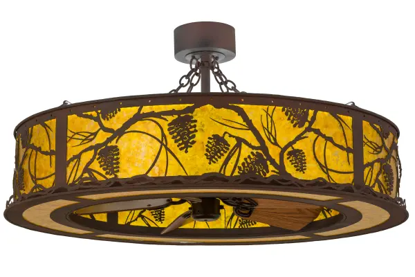 Listen closely. You can almost hear the soft whisper of the pine branches as they dance in the wind through this magnificent creation, which combines custom lighting and fan technologies. Integral energy efficient LEDs deliver beautiful ambient light diffused through Amber Mica, which includes delivers decorative lighting while gentle breezes are produced by the fan spinning quietly in the center. Decorative accents and hardware are featured in a Rust with Wrought Iron finish and handcrafted by Meyda Artisans at the foothills of the Adirondack Mountains. In the summer, the fan pushes down a windchill that circulates to keep the space cool and comfortable. In winter, the fan is reversed to pull the room air up towards the ceiling and force the warm air back down and circulate to create warmth. Custom sizes, styles, colors and dimmable lamping options are available. UL and cUL listed for damp and dry locations. Collection: Whispering Pines Finish: Ob/Lok Glass: Rust/Wrought Iromber Mica Oiled Bronze//Light Oak Blades Width: 45.00" Height: 22.00" Length: 45.00" Weight: 81.50 lb Maximum Wattage: 28.00 W Bulb Type: STRIP Bulb Base: INTEGRAL Light Source: LED Color Temperature: 4000 K Material: Steel Country of Origin: USA Safety Listing: Damp Safety Rating: Damp LED