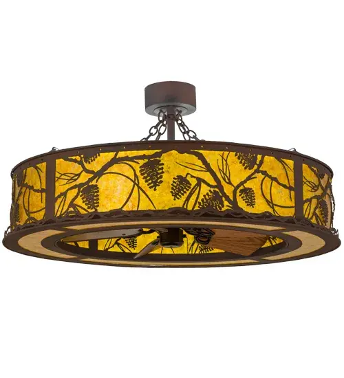 Listen closely. You can almost hear the soft whisper of the pine branches as they dance in the wind through this magnificent creation, which combines custom lighting and fan technologies. Integral energy efficient LEDs deliver beautiful ambient light diffused through Amber Mica, which includes delivers decorative lighting while gentle breezes are produced by the fan spinning quietly in the center. Decorative accents and hardware are featured in a Rust with Wrought Iron finish and handcrafted by Meyda Artisans at the foothills of the Adirondack Mountains. In the summer, the fan pushes down a windchill that circulates to keep the space cool and comfortable. In winter, the fan is reversed to pull the room air up towards the ceiling and force the warm air back down and circulate to create warmth. Custom sizes, styles, colors and dimmable lamping options are available. UL and cUL listed for damp and dry locations. Collection: Whispering Pines Finish: Ob/Lok Glass: Rust/Wrought Iromber Mica Oiled Bronze//Light Oak Blades Width: 45.00" Height: 22.00" Length: 45.00" Weight: 81.50 lb Maximum Wattage: 28.00 W Bulb Type: STRIP Bulb Base: INTEGRAL Light Source: LED Color Temperature: 4000 K Material: Steel Country of Origin: USA Safety Listing: Damp Safety Rating: Damp LED - alternate view