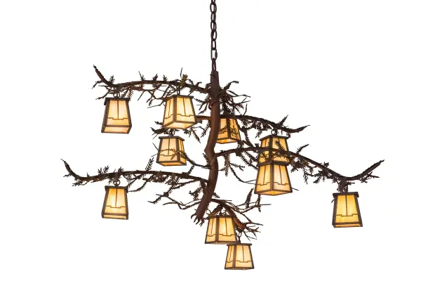 Invite the natural charm of the American woodlands into your camp; lodge; home or business with this chandelier.10 Beige Iridescent art glass lanterns offered in a stunning Arts & Crafts design adorn Pine Branch shaped arms accented with the pine needles of this unique nature inspired chandelier. This stunning elaborate fixture features hardware and decorative accents in a warm Rust with Wrought Iron finish. Handcrafted in our facility at the foothills of the Adirondack Mountains in the US; this chandelier is offered in custom sizes; designs and colors available; as well as dimmable; energy-efficient lamping options. UL and cUL listed for damp and dry locations.
