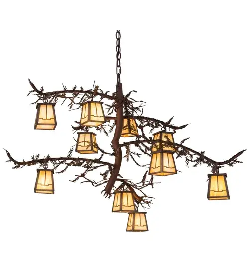 Invite the natural charm of the American woodlands into your camp; lodge; home or business with this chandelier.10 Beige Iridescent art glass lanterns offered in a stunning Arts & Crafts design adorn Pine Branch shaped arms accented with the pine needles of this unique nature inspired chandelier. This stunning elaborate fixture features hardware and decorative accents in a warm Rust with Wrought Iron finish. Handcrafted in our facility at the foothills of the Adirondack Mountains in the US; this chandelier is offered in custom sizes; designs and colors available; as well as dimmable; energy-efficient lamping options. UL and cUL listed for damp and dry locations. - alternate view