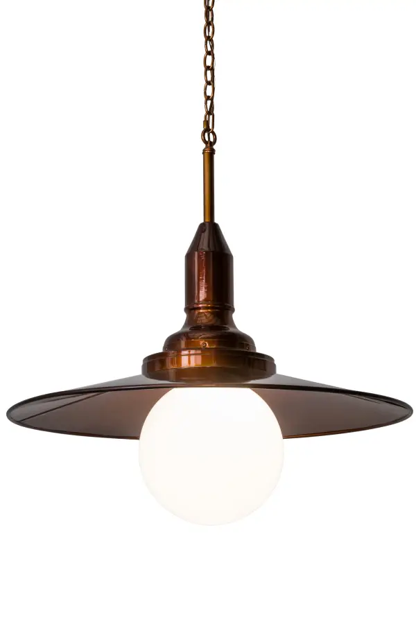 Combining an industrial chic with the stylish design of an urban loft; Schotel adds a dash of charm to a minimalistic design with a White Glass Orb diffuser topped with a reflector projecting downward light. The Solid Copper reflector; frame and hardware are featured in a Transparent finish. Ideal for illumination as a centerpiece in lobbies; conference rooms and foyers; this luxurious pendant provides dependable functional illumination with an18-watt LED lamp which delivers energy savings; reduced maintenance and long life. Handcrafted in the USA. Custom styles; finishes and sizes are available; as well as dimmable lamping options. UL and cUL listed for damp and dry locations.