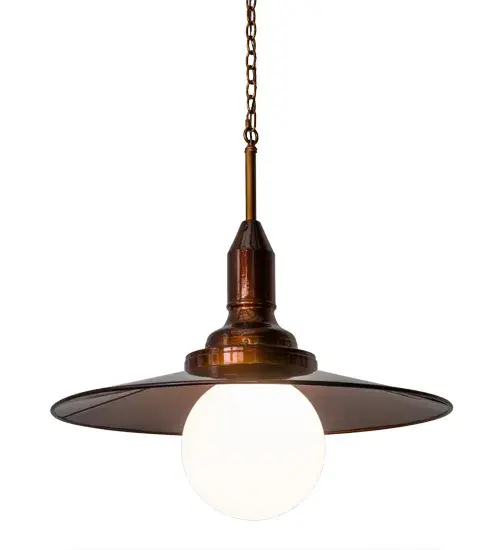 Combining an industrial chic with the stylish design of an urban loft; Schotel adds a dash of charm to a minimalistic design with a White Glass Orb diffuser topped with a reflector projecting downward light. The Solid Copper reflector; frame and hardware are featured in a Transparent finish. Ideal for illumination as a centerpiece in lobbies; conference rooms and foyers; this luxurious pendant provides dependable functional illumination with an18-watt LED lamp which delivers energy savings; reduced maintenance and long life. Handcrafted in the USA. Custom styles; finishes and sizes are available; as well as dimmable lamping options. UL and cUL listed for damp and dry locations. - alternate view