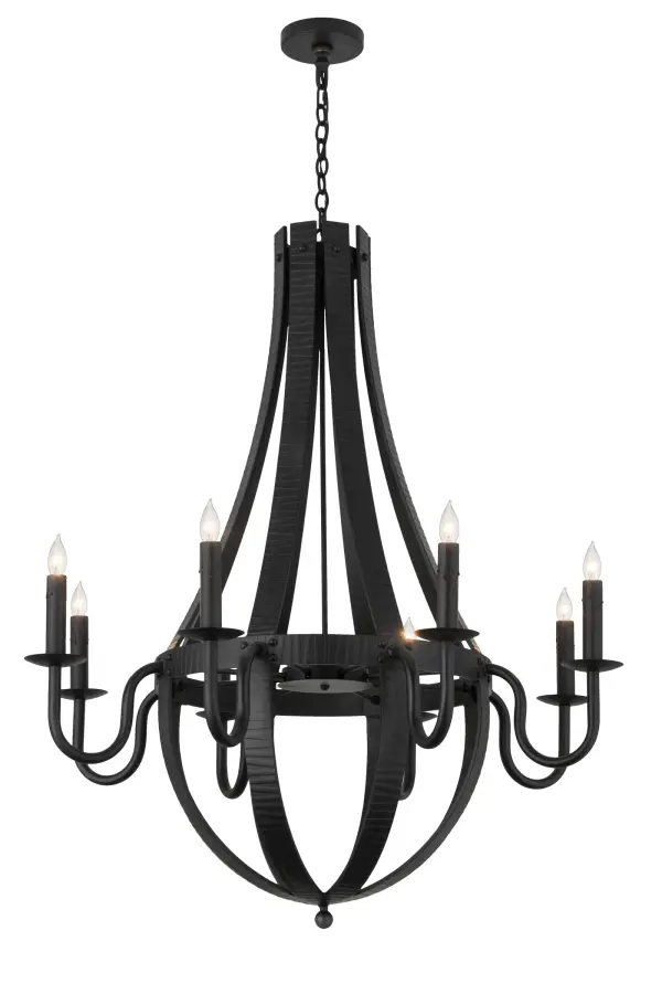 Rugged rustic charm blends with a distinctive; but charming beauty. Inspired by Antique Wooden staves traditionally bound by wooden or metal hoops in the construction of beer/whisky barrels and wine casks; Costello Black finished solid stout; curved steel arms support bobeches accented with faux candleholders which line up like soldiers at attention in abeyance of the barrel to which they serve. Ideal for lobbies; foyers; banquet rooms and reception areas; this unique chandelier is custom crafted by artisans in our 180;000 square foot manufacturing facility in Yorkville; New York. Options include custom colors; sizes; finishes and dimmable energy efficient lamping. UL and cUL listed for damp and dry locations.