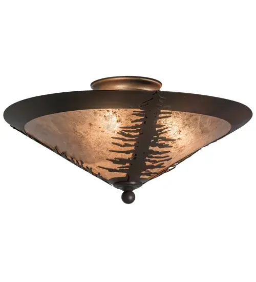Tall Spruce trees accent this Craftsman styled ceiling fixture; which features stunning Silver Mica and a frame and hardware featured in a Rust with Wrought Iron finish. This ceiling fixture is custom crafted by Meyda artisans in our manufacturing facility at the foothills of the spectacular Adirondack Mountains in the USA. This fixture is available with dimmable energy efficient lamping options; as well as custom designs; colors and sizes. It is UL and cUL listed. - alternate view