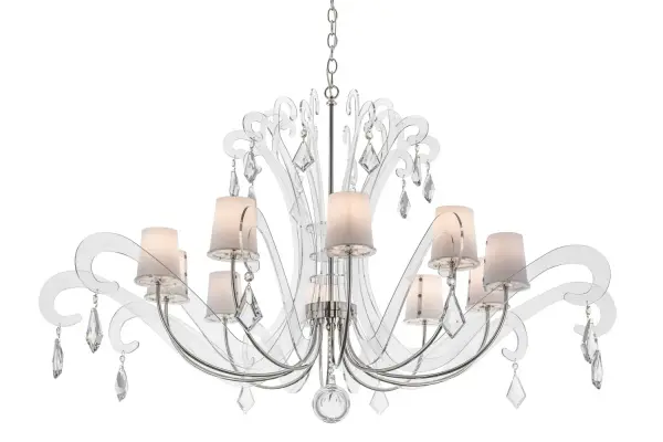 An opulent, sumptuous and elegant chandelier, Lienz adds a modern twist to a classic lighting design. 10 tapered Artic Idalight shades adorn a Crystal Idalight body supported with a Brass and Stainless Steel curved frame featured in a Polished Nickel finish. The exquisite ceiling fixture is accented with a beautiful array of crystal droplets and accents. Handcrafted in the USA, this fixture is available in custom designs, colors and sizes, as well as dimmable energy efficient lamping. The chandelier is UL and cUL listed for dry and damp locations. Collection: Lienz Finish: Brushed Stainless Steel Glass: Contrail Mist Idalight Width: 55.00" Height: 37.00" Length: 55.00" Weight: 24.50 lb Extension from Wall: 7.00" Number of Bulbs: 10 Maximum Wattage: 40.00 W Bulb Type: BA10 Bulb Base: E12 Material: Steel Country of Origin: USA Safety Listing: Damp Safety Rating: Damp