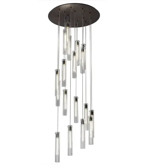 A dazzling array of cylindrical elements cascading at various heights. This Cilindro Pendant features 18 cylindrical-shaped Clear Glass diffusers that reveal Edison-styled filament-shaped lamps while evoking beautiful ambient illumination. The striking diffusers are paired with metal hardware in a Timeless Bronze Finish. The overall height of each element ranges from 20 to 100 inches as the aircraft cable easily adjusts in the field to meet your precise lighting specifications. Ideal for illuminating entryways and stairwells in fine residential; commercial; and hospitality spaces throughout the US; from Hartford; Connecticut; to Madison; Wisconsin; to Portland; Oregon. The Cilindro Cascading Pendant is included in our American-made; American-designed; handcrafted Contemporary Lighting Collection that is manufactured in Yorkville; New York. UL and cUL listed for dry and damp locations. Custom made. Please call for lead time and pricing. - alternate view