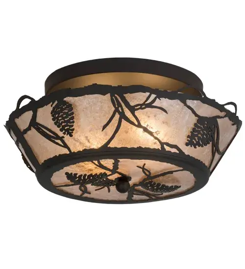 Listen closely. You can almost hear the soft whisper of the pine branches as they dance in the wind. Enjoy the warm ambiance of soft beautiful light diffused through a Silver Mica shade featuring stunning Pinecone and Pine Branch designs. The ceiling fixture is hand finished in an Oil Rubbed Bronze. Handcrafted by highly skilled artisans in our 180,000 square manufacturing facility in Yorkville, New York. Shade colors, metal finishes and sizes can be customized. UL and cUL listed for dry and damp locations. Collection: Whispering Pines Finish: Oil Rubbed Bronze Glass: Silver Mica Width: 16.50" Height: 9.00" Length: 16.50" Weight: 4.00 lb Extension from Wall: 10.00" Number of Bulbs: 2 Maximum Wattage: 60.00 W Bulb Type: A19 Bulb Base: E26 Material: Steel Country of Origin: USA Safety Listing: Damp Safety Rating: Damp - alternate view