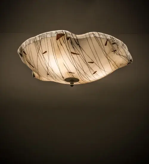 Italian for small branches or twigs. The Ramoscelli ceiling fixture features an abstract expressionist lighting design. Inspired by bare trees against a Winter White sky; this inverted shade highlights our innovative Fused Glass. White iridescent glass is fused with Black Twig-like streamers with Plum colored accents and Bronze Frit sprinkled across the shade. Ideal for foyers; corridors and other spaces in a variety of residential and commercial settings. Traditional workmanship; high fire kilns and original tools are used to fuse glass in our 180;000 square foot manufacturing facility in Yorkville; New York. Diffuser colors; metal finishes and fixture sizes can be customized to your needs. UL and cUL listed for dry and damp locations.