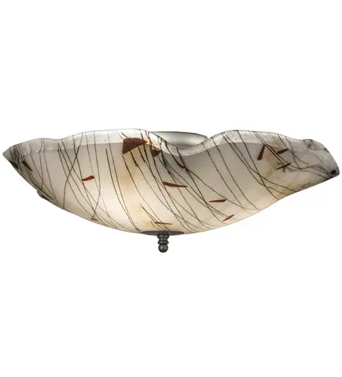 Italian for small branches or twigs. The Ramoscelli ceiling fixture features an abstract expressionist lighting design. Inspired by bare trees against a Winter White sky; this inverted shade highlights our innovative Fused Glass. White iridescent glass is fused with Black Twig-like streamers with Plum colored accents and Bronze Frit sprinkled across the shade. Ideal for foyers; corridors and other spaces in a variety of residential and commercial settings. Traditional workmanship; high fire kilns and original tools are used to fuse glass in our 180;000 square foot manufacturing facility in Yorkville; New York. Diffuser colors; metal finishes and fixture sizes can be customized to your needs. UL and cUL listed for dry and damp locations. - alternate view