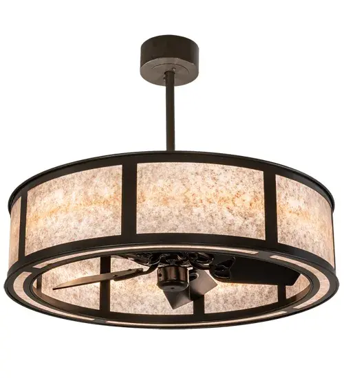 A modern marvel that enhances residential and commercial settings, this custom fan-integrated lighting fixture features stunning Silver Mica and a matching bottom diffuser, complemented with a Timeless Bronze finish. Multiple layers of light for different moods and tasks include Integral LED inner lights that bring out the beauty of the Mica, and 4 uplights offering ambient illumination above. In summer, the fan pushes down a windchill that circulates to keep the space cool and comfortable. In winter, the fan is reversed to pull the room air towards the ceiling and force the warm air back into your space. The Smythe Craftsman Chandel-Air is included in our American-made, American-designed handcrafted Chandel-Air Collection. Manufactured in Yorkville, NY. UL & cUL listed for dry and damp locations. Collection: Smythe Craftsman Finish: Timeless Bronze Oiled Bronze Glass: Silver Mica Ac Motor Width: 36.63" Height: 30.00" Length: 36.63" Weight: 58.00 lb Extension from Wall: 8.00" Number of Bulbs: 4 Maximum Wattage: 5.00 W Bulb Type: MR16 Bulb Base: E26 Light Source: LED Material: Steel Country of Origin: USA Safety Listing: Damp Safety Rating: Damp LED - alternate view