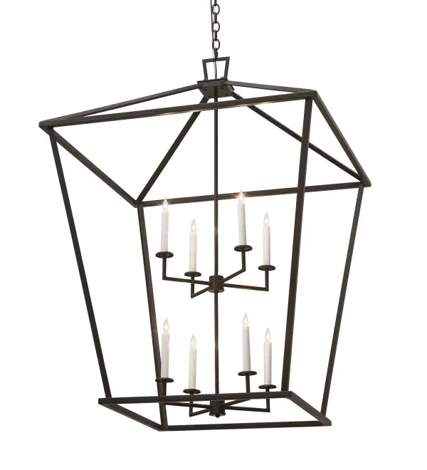 A sophisticated architecturally styled fixture is designed with a pizazz that is unique, fresh and stylish. Give your decor an extra edge with this breathtaking fixture, which is highlighted with a solid steel structure that surrounds eight faux candlelights perched on bobeches. The hardware and frame are featured in a Timeless Bronze finish. Handmade in our 180,000 square foot manufacturing facility in Yorkville, New York. Available in custom sizes, styles and finishes, as well as dimmable energy efficient lamping options. UL and CUL listed for damp and dry locations. Collection: Kitzi Finish: Timeless Bronze Glass: Black,Seedy Width: 51.50" Height: 55.00" Length: 36.00" Weight: 41.00 lb Number of Bulbs: 8 Maximum Wattage: 60.00 W Bulb Type: BA9 Bulb Base: E12 Material: Steel Country of Origin: USA Safety Listing: Damp Safety Rating: Damp