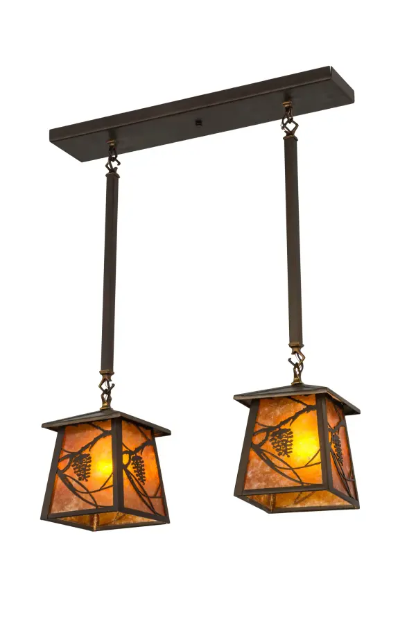 Listen closely. You can almost hear the soft whisper of pine branches as they dance in the wind with a magical moon in the sky. Enjoy the warm ambiance of the soft beautiful light diffused through the Amber Mica shades of this two light pendant; which features stunning pinecone and pine branch motifs The fixture is featured in an Antique Copper finish and handcrafted by Meyda artisans in Yorkville; New York; at the foothills of the breathtaking Adirondack Mountains. Custom colors; designs and sizes are available; as well as dimmable; energy efficient lighting options.