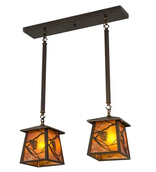 Listen closely. You can almost hear the soft whisper of pine branches as they dance in the wind with a magical moon in the sky. Enjoy the warm ambiance of the soft beautiful light diffused through the Amber Mica shades of this two light pendant; which features stunning pinecone and pine branch motifs The fixture is featured in an Antique Copper finish and handcrafted by Meyda artisans in Yorkville; New York; at the foothills of the breathtaking Adirondack Mountains. Custom colors; designs and sizes are available; as well as dimmable; energy efficient lighting options. - alternate view
