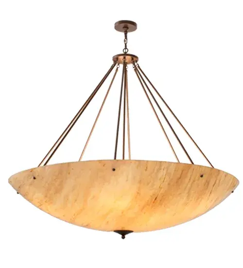 For a sophisticated look that will add cool appeal to any space, Madison is designed with a Travertine Idalight diffuser that is complemented with hardware and accents featured in a Mahogany Bronze finish. The transitionally styled, bowl shaped fixture is perfect for enhancing corridors, lobbies, living rooms and other areas in both residential and commercial environments. This ceiling fixture is crafted by the highly skilled hands of Meyda artisans in the Yorkville, New York in the USA. Custom styles, sizes and colors are available, as well as dimmable energy efficient lamping options. The pendant is UL and cUL listed for damp and dry locations. Collection: Madison Finish: C Mahogany Bronze Glass: Travertine Idalight Width: 60.00" Height: 57.00" Length: 60.00" Weight: 45.00 lb Number of Bulbs: 10 Maximum Wattage: 60.00 W Bulb Type: A19 Bulb Base: E26 Material: Steel Country of Origin: USA Safety Listing: Damp Safety Rating: Damp - alternate view