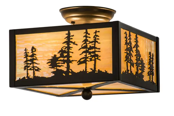 A nature inspired design of Tall Pine trees is depicted as the late afternoon sun shines over the American woodlands. Soft ambient light is diffused beautifully through stunning Beige Iridescent art glass, which is complemented with Timeless Bronze finished decorative accents, frame and hardware. The fixture is handcrafted in the Meyda manufacturing facility, located at the foothills of the awe-inspiring Adirondack Mountains. Custom styles, colors, sizes and dimmable energy-efficient lamping such as LED, are available. The fixture is UL and cUL listed for damp and dry locations. Collection: Tall Pines Finish: Timeless Bronze Glass: Beige Iridescent Glass Width: 14.25" Height: 9.00" Length: 10.00" Weight: 6.50 lb Number of Bulbs: 2 Maximum Wattage: 60.00 W Bulb Type: T10 Bulb Base: E26 Material: Steel Country of Origin: USA Safety Listing: Damp Safety Rating: Damp