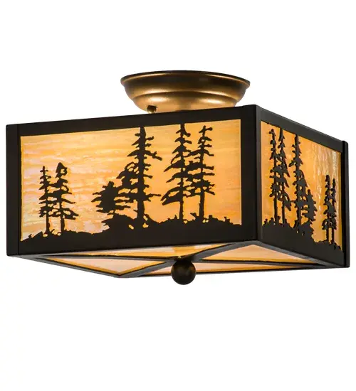 A nature inspired design of Tall Pine trees is depicted as the late afternoon sun shines over the American woodlands. Soft ambient light is diffused beautifully through stunning Beige Iridescent art glass, which is complemented with Timeless Bronze finished decorative accents, frame and hardware. The fixture is handcrafted in the Meyda manufacturing facility, located at the foothills of the awe-inspiring Adirondack Mountains. Custom styles, colors, sizes and dimmable energy-efficient lamping such as LED, are available. The fixture is UL and cUL listed for damp and dry locations. Collection: Tall Pines Finish: Timeless Bronze Glass: Beige Iridescent Glass Width: 14.25" Height: 9.00" Length: 10.00" Weight: 6.50 lb Number of Bulbs: 2 Maximum Wattage: 60.00 W Bulb Type: T10 Bulb Base: E26 Material: Steel Country of Origin: USA Safety Listing: Damp Safety Rating: Damp - alternate view