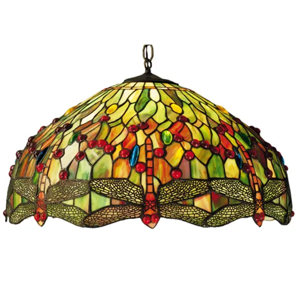 This version of Tiffany Studio's most beloved stained glass dragonfly design, is modeled after the original hanging head dragonfly. Diving dragonflies with glowing Scarlet jeweled eyes and delicate metal filigree wings circle over hand cut and copper foiled pieces of Amber, Pond Green and Scarlet art glass and glistening jewels of Amber, Emerald and Scarlet that represent sunset reflections on rippling water. The pendant hardware is finished in a warm hand applied Mahogany Bronze. Collection: Tiffany Hanginghead Dragonfly Finish: Mahogany Bronze Glass: Stained Glass Width: 22.00" Height: 16.00" Length: 22.00" Weight: 13.00 lb Number of Bulbs: 3 Maximum Wattage: 60.00 W Bulb Type: A19 Bulb Base: E26 Material: Metal Or Polyresin Country of Origin: CHINA Safety Listing: Dry Safety Rating: Dry
