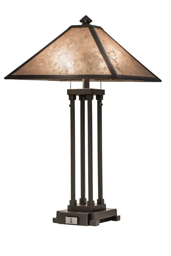 Created in the tradition of American Master Craftsmen. This appealing hand finished Mahogany Bronze architecturally styled base and frame complement a stunning Silver Mica shade that projects beautiful ambient light. This table lamp features a USB Port for operating and charging mobile phones; tablets and other electronic devices. Custom sizes; styles and colors are available. Handcrafted in Yorkville; New York.