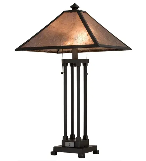Created in the tradition of American Master Craftsmen. This appealing hand finished Mahogany Bronze architecturally styled base and frame complement a stunning Silver Mica shade that projects beautiful ambient light. This table lamp features a USB Port for operating and charging mobile phones; tablets and other electronic devices. Custom sizes; styles and colors are available. Handcrafted in Yorkville; New York. - alternate view