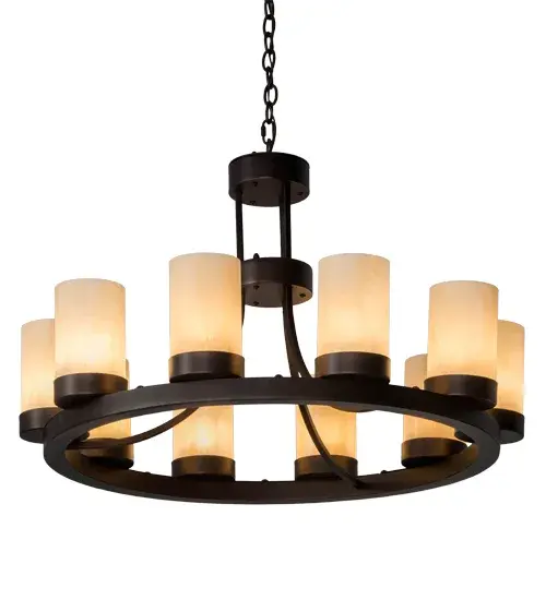 Capturing a classic chandelier design; Loxley was custom crafted with 10 Sahara Taupe Idalight Cylindres on a decorative ring hand finished in Solar Black. Ideal for illuminating dining areas; conference tables; lobbies and other residential and commercial spaces. This chandelier is handcrafted by highly skilled artisans in the USA; in our manufacturing facility in Yorkville; NY. Custom colors; styles and sizes are available. Energy efficient lamping options such as LED are offered. The 36-inch wide fixture is UL and cUL listed for dry and damp locations. - alternate view