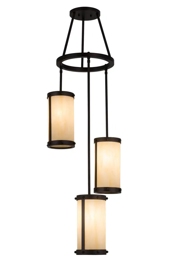 The Cartier Cascading Chandelier renders an eye-catching transitional look. 3 Stunning Sahara Taupe Idalight shades are aligned in a staggered formation; suspended from a decorative ring while providing ambient light at various levels. All hardware is featured in a Mahogany Bronze finish while a warm glow evokes from the decorative cylinders. Ideal for illuminating lobbies; foyers; and other spaces. Custom crafted in our 180;000-square-foot manufacturing facility in Yorkville; New York. Custom options include special sizes; styles; and finishes; and dimmable energy-efficient lamping options. UL and cUL listed for dry and damp locations.