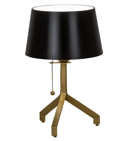 A sleek; Satin Black Textrene tapered shade is enhanced with a three-legged lamp base featured in an Antique Brass finish. The table lamp is perfect for illuminating picture windows; credenzas; and desks in fine homes and other spaces. The lamp includes a standard pull chain for convenient; easy on/off functions. The Cilindro Sofisticato Table Lamp is included in our American-designed; handcrafted Modern Lighting Collection. UL and cUL are listed for dry locations; however; we do not recommend installing it in spaces that experience a large amount of moisture due to the fabric shade . Our portable lamps seamlessly combine elegance and function; offering accent; ambient; task; and decorative lighting for any space. Perfect for cozy nooks; stylish bedside setups; or as focal points; these lamps bring warmth and sophistication to luxurious and contemporary interiors alike. - alternate view