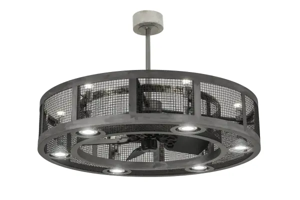 Handsome styling meets engineering innovation. This fan-tastic, energy-efficient decorating idea for a home, retail or hospitality location features a custom crafted Chandel-Air design with a Steel caged frame, mesh and hardware. The modern marvel combines a ceiling fan within a handsome lighting fixture that features LED lamps provided by the customer-- 6 Medium base MR16 5W LED uplights for ambient illumination and 6 Medium base PAR30 20W LED downlights for task lighting. Handcrafted at the foothills of the spectacular Adirondack Mountains, this energy-saving Chandel-Air creates a windchill to keep the space cool in the summer, and is reversed in the winter to push down hot air and maintain warmth. Custom options available. Collection: Paloma Golpe Finish: Steel Glass: Silver Width: 48.00" Height: 32.00" Length: 48.00" Weight: 80.00 lb Number of Bulbs: 6 Maximum Wattage: 5.00 W Bulb Type: MR16 Bulb Base: E26 Light Source: LED Material: Steel Country of Origin: USA Safety Listing: Damp Safety Rating: Damp