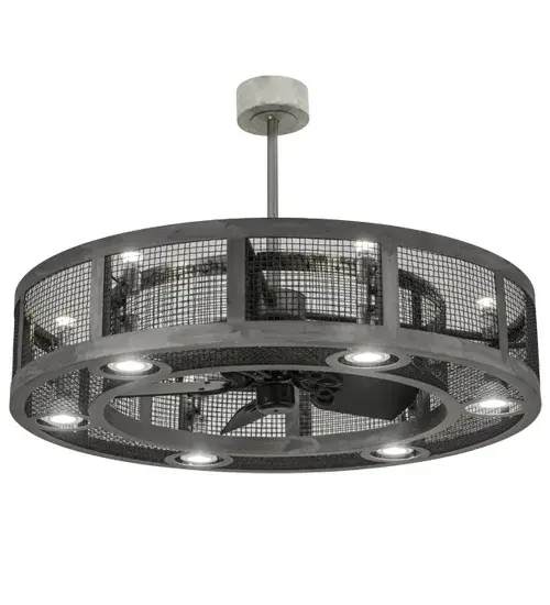 Handsome styling meets engineering innovation. This fan-tastic, energy-efficient decorating idea for a home, retail or hospitality location features a custom crafted Chandel-Air design with a Steel caged frame, mesh and hardware. The modern marvel combines a ceiling fan within a handsome lighting fixture that features LED lamps provided by the customer-- 6 Medium base MR16 5W LED uplights for ambient illumination and 6 Medium base PAR30 20W LED downlights for task lighting. Handcrafted at the foothills of the spectacular Adirondack Mountains, this energy-saving Chandel-Air creates a windchill to keep the space cool in the summer, and is reversed in the winter to push down hot air and maintain warmth. Custom options available. Collection: Paloma Golpe Finish: Steel Glass: Silver Width: 48.00" Height: 32.00" Length: 48.00" Weight: 80.00 lb Number of Bulbs: 6 Maximum Wattage: 5.00 W Bulb Type: MR16 Bulb Base: E26 Light Source: LED Material: Steel Country of Origin: USA Safety Listing: Damp Safety Rating: Damp - alternate view