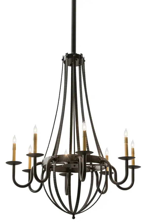 Rustic charm blends with gothic beauty. This chandelier is inspired by antique staves traditionally bound by metal hoops in the construction of beer/whisky barrels and wine casks. Oil Rubbed Bronze finished curved arms of Solid Steel support bobeches accented with eight Ivory faux candlelights; which line up like soldiers at attention in abeyance of the barrel to which they serve. This chandelier is ideal for lobbies; foyers; banquet rooms and reception areas. Custom crafted by artisans in our 180;000 square foot manufacturing facility in Yorkville; New York; this fixture is UL and cUL listed for damp and dry locations. Custom sizes; designs and finishes are available; as well as dimmable energy efficient lamping options.