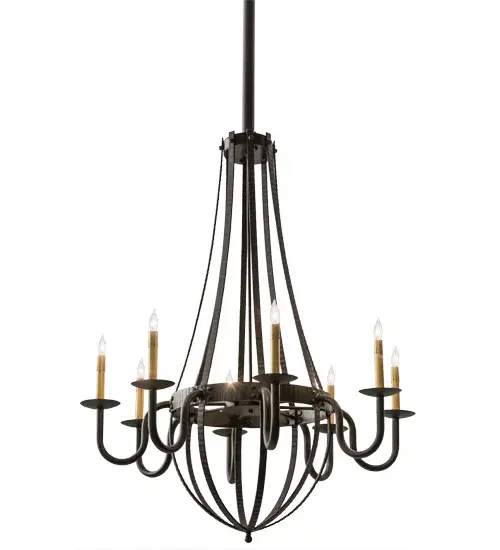 Rustic charm blends with gothic beauty. This chandelier is inspired by antique staves traditionally bound by metal hoops in the construction of beer/whisky barrels and wine casks. Oil Rubbed Bronze finished curved arms of Solid Steel support bobeches accented with eight Ivory faux candlelights; which line up like soldiers at attention in abeyance of the barrel to which they serve. This chandelier is ideal for lobbies; foyers; banquet rooms and reception areas. Custom crafted by artisans in our 180;000 square foot manufacturing facility in Yorkville; New York; this fixture is UL and cUL listed for damp and dry locations. Custom sizes; designs and finishes are available; as well as dimmable energy efficient lamping options. - alternate view
