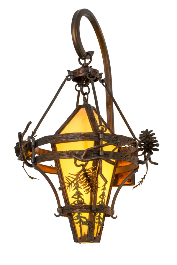This Nature inspired lighting fixture features stunning Pinecones and Pine Branches that accenta stunning Tawnyrock Idalight shade which is enhanced with Tall Pine tree silhouettes. All decorative accents and hardware are featured in a Vintage Copper finish. The fixture is handcrafted by highly skilled artisans in the USA; at the foothills of the spectacular Adirondack Mountains. Custom sizes; styles and colors are available; as well as dimmable energy efficient lamping options such as LED. The 18-inch wide sconce is UL and cUL listed for damp and dry locations.