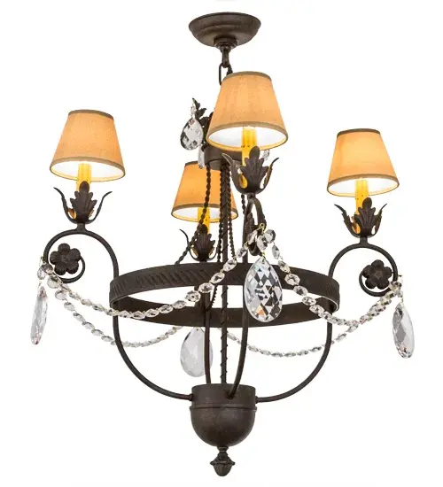 Exquisite styling and luxurious charm are reflected in these faceted crystal charms, scroll arms, Acanthus leaves and rich Chestnut finished hardware like a fine wooden paneled library. This elegant chandelier embraces four Amber faux candlelights topped with Tuscan Alabaster Textrene shades. This chandelier features quality materials and hand detailed American craftsmanship perfected by years of time honored artistry, passed down from generations of prolific artisans. Custom sizes, styles, colors and dimmable energy efficient lamping options are available. The fixture is UL and cUL listed for damp and dry locations. Collection: Antonia Finish: Chestnut Glass: Chocolate,Beige,Black Metal Finish Width: 25.50" Height: 29.50" Length: 25.50" Weight: 16.50 lb Number of Bulbs: 4 Maximum Wattage: 60.00 W Bulb Type: BA10 Bulb Base: E12 Light Source: LED Material: Steel Country of Origin: USA Safety Listing: Dry Safety Rating: Damp LED - alternate view