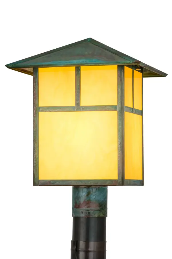 Custom crafted of Solid Brass; this Craftsman Signature lantern is inspired by popular American design movements. The sconce features a classic ?T? Mission motif on a stunning Tawnrock Idalight diffuser; which is complemented with hardware featured in a Verdigris finish. The fixture is perfect for a variety of indoor and outdoor applications. The post mount is custom made by Meyda artisans in our manufacturing facility in Yorkville; New York. Custom sizes; styles and colors are available; as well as energy efficient lamping options. The fixture is UL and cUL listed for indoor and outdoor locations.
