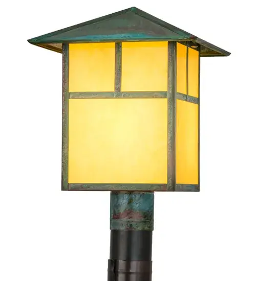 Custom crafted of Solid Brass; this Craftsman Signature lantern is inspired by popular American design movements. The sconce features a classic ?T? Mission motif on a stunning Tawnrock Idalight diffuser; which is complemented with hardware featured in a Verdigris finish. The fixture is perfect for a variety of indoor and outdoor applications. The post mount is custom made by Meyda artisans in our manufacturing facility in Yorkville; New York. Custom sizes; styles and colors are available; as well as energy efficient lamping options. The fixture is UL and cUL listed for indoor and outdoor locations. - alternate view