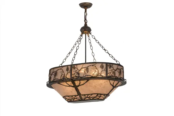 Listen closely. You can almost hear the soft whisper of the pine branches as they dance in the wind on the extended border of the shade and appear to grow tall from the bottom of this dramatic design. Enjoy the ambiance of beautiful light diffused through Silver Mica; which features pinecone and tree branch silhouettes in a Dark Burnished Antique Copper finish. The pendant is handcrafted by Meyda artisans in Yorkville; New York at the foothills of the breathtaking Adirondack Mountains. Custom styles; sizes; colors and dimmable energy efficient lamping options are available. The fixture is UL and cUL listed for damp and dry locations.