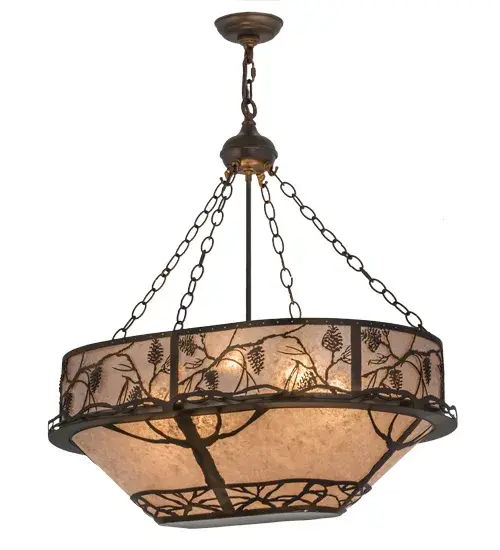 Listen closely. You can almost hear the soft whisper of the pine branches as they dance in the wind on the extended border of the shade and appear to grow tall from the bottom of this dramatic design. Enjoy the ambiance of beautiful light diffused through Silver Mica; which features pinecone and tree branch silhouettes in a Dark Burnished Antique Copper finish. The pendant is handcrafted by Meyda artisans in Yorkville; New York at the foothills of the breathtaking Adirondack Mountains. Custom styles; sizes; colors and dimmable energy efficient lamping options are available. The fixture is UL and cUL listed for damp and dry locations. - alternate view