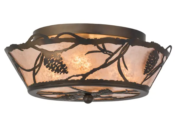 Listen closely. You can almost hear the soft whisper of the pine branches as they dance in the wind. Enjoy the warm ambiance of soft beautiful light diffused through a Silver Mica shade featuring stunning Pinecone and Pine Branch designs. The Whispering Pines ceiling fixture is offered in a Dark Burnished Antique Copper finish. Handcrafted by highly skilled artisans in our 180,000 square manufacturing facility in Yorkville, New York. Shade colors, metal finishes and sizes can be customized. UL and cUL listed for dry and damp locations. Collection: Whispering Pines Finish: Dark Burnished Antique Copper Glass: Silver Mica Width: 16.00" Height: 6.50" Length: 16.00" Weight: 4.00 lb Number of Bulbs: 4 Maximum Wattage: 60.00 W Bulb Type: A19 Bulb Base: E26 Material: Steel Country of Origin: USA Safety Listing: Damp Safety Rating: Damp